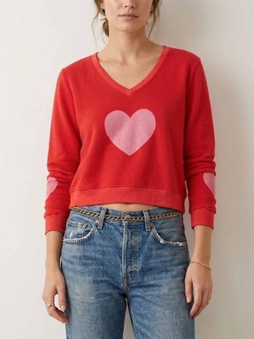 Wildfox Y2K Hearts Long Sleeve Pullover S Top Sweatshirt Soft Sweater Stretch V